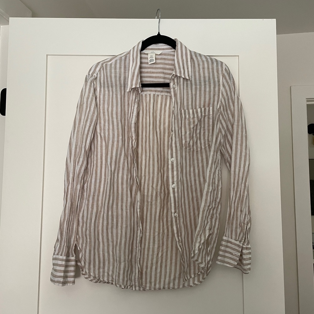 H&M Tan and White Button Down Shirt 100% linen